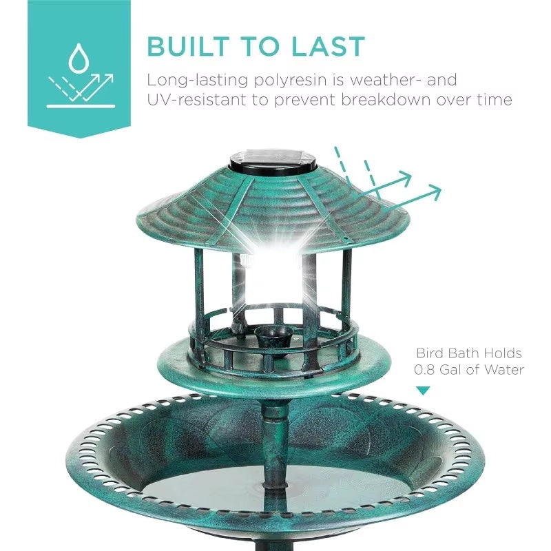 Solar Bird Bath with Stand, Integrated Planter and LED Light