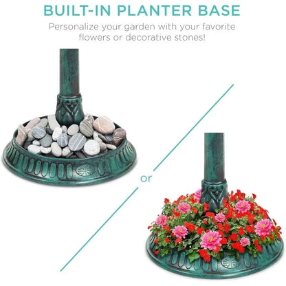 Solar Bird Bath with Stand, Integrated Planter and LED Light