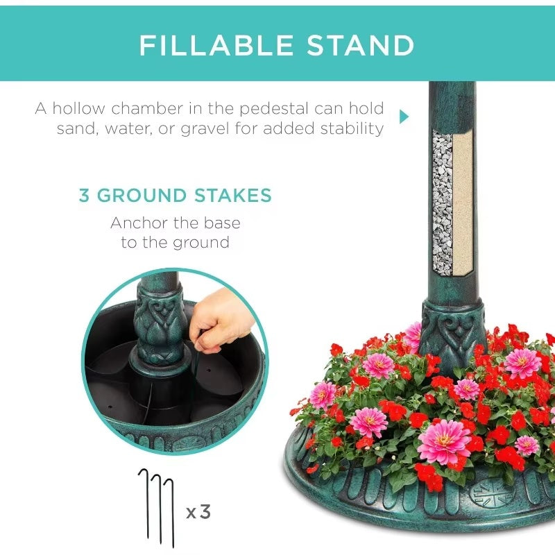 Solar Bird Bath with Stand, Integrated Planter and LED Light