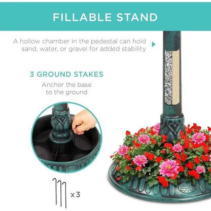 Solar Bird Bath with Stand, Integrated Planter and LED Light