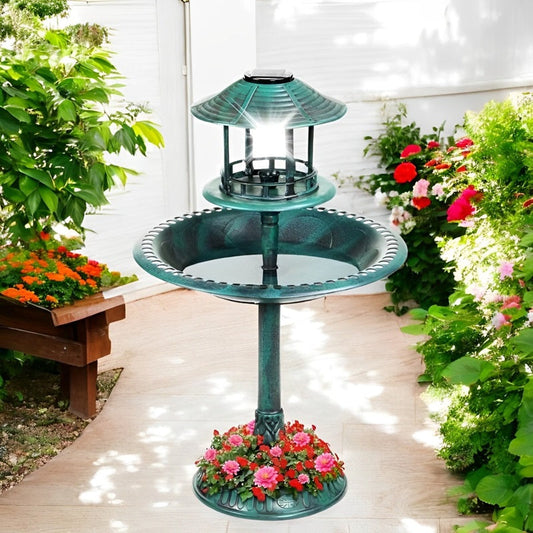 Solar Bird Bath with Stand, Integrated Planter and LED Light