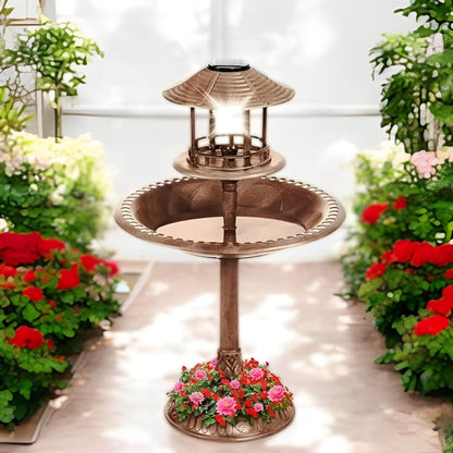 Solar Bird Bath with Stand, Integrated Planter and LED Light