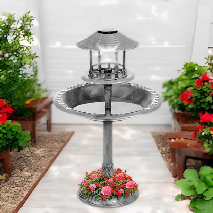 Solar Bird Bath with Stand, Integrated Planter and LED Light