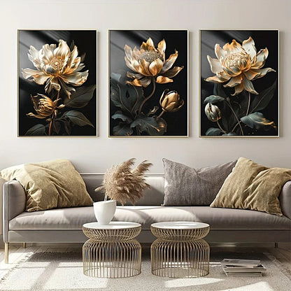 Modern Botanical Canvas Prints - Black and Gold Floral Wall Art for Home Decor