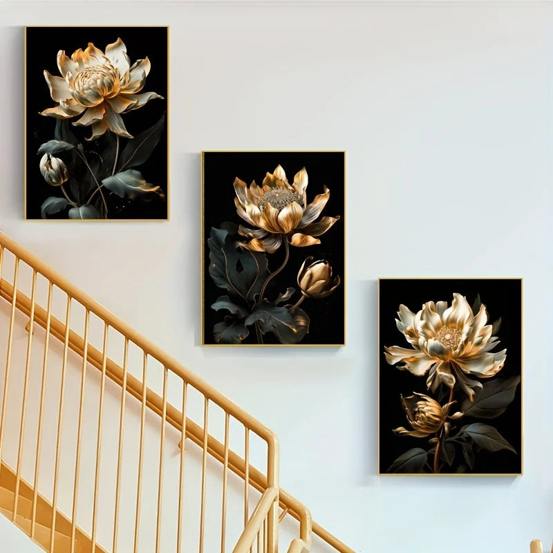 Modern Botanical Canvas Prints - Black and Gold Floral Wall Art for Home Decor