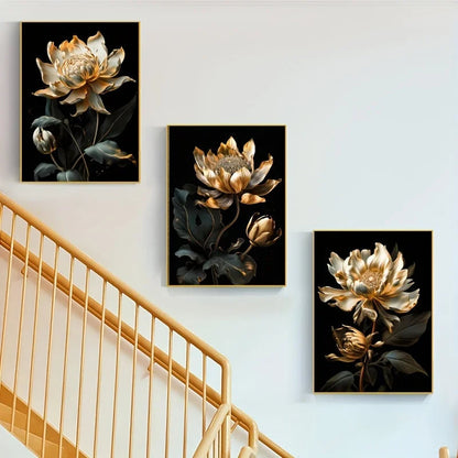 Modern Botanical Canvas Prints - Black and Gold Floral Wall Art for Home Decor