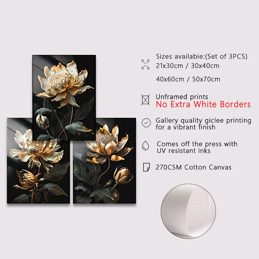 Modern Botanical Canvas Prints - Black and Gold Floral Wall Art for Home Decor