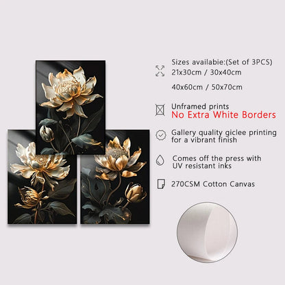 Modern Botanical Canvas Prints - Black and Gold Floral Wall Art for Home Decor