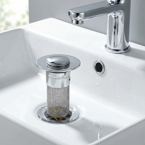 Pop-Up Sink Stopper with Built-In Strainer for Odor Control