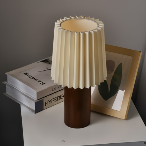 Nordic Style Wooden Lamp with Pleated Fabric Shade