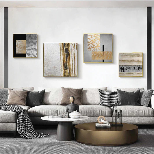 Abstract Canvas Prints in Black and Gold - Square Wall Art for Modern Decor