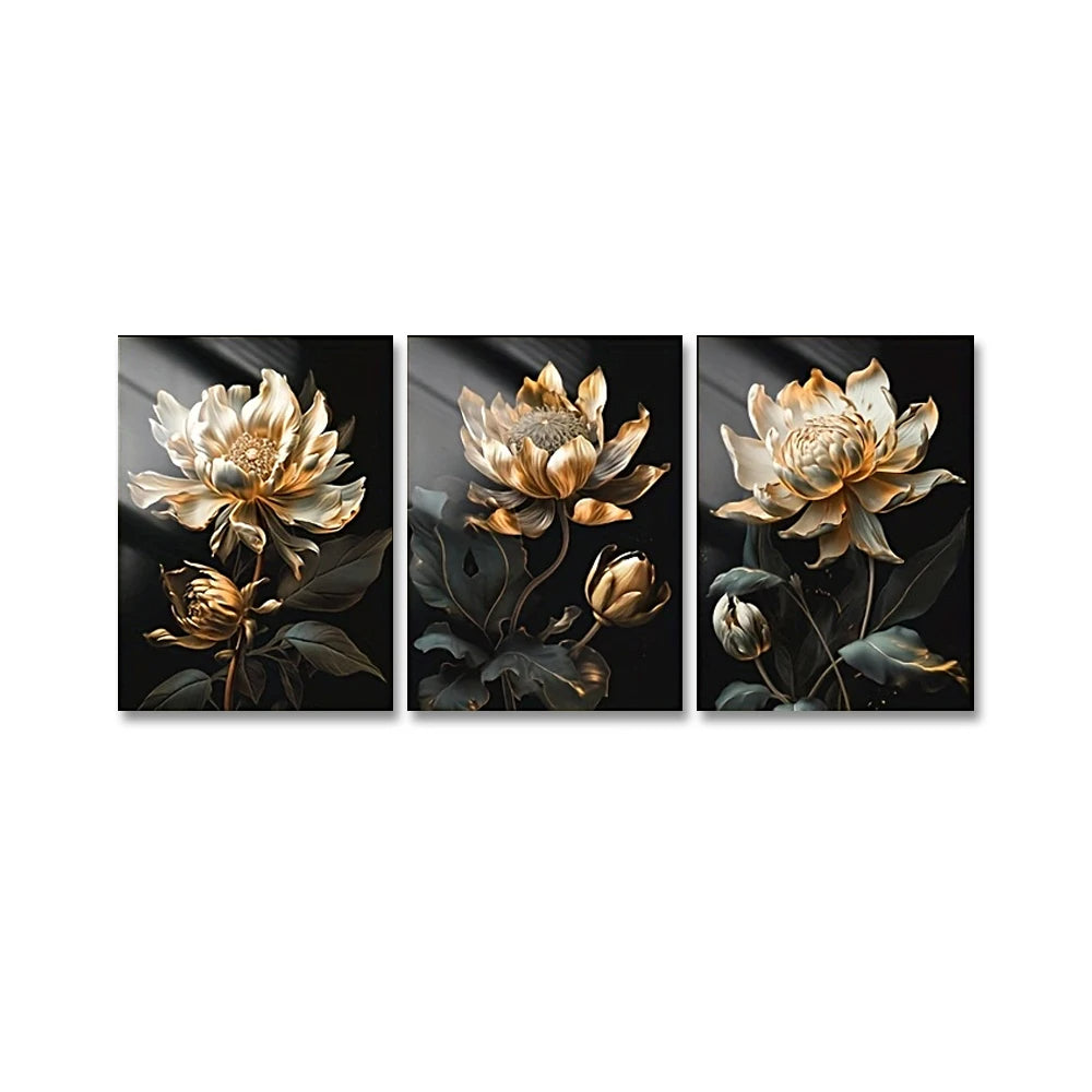 Modern Botanical Canvas Prints - Black and Gold Floral Wall Art for Home Decor