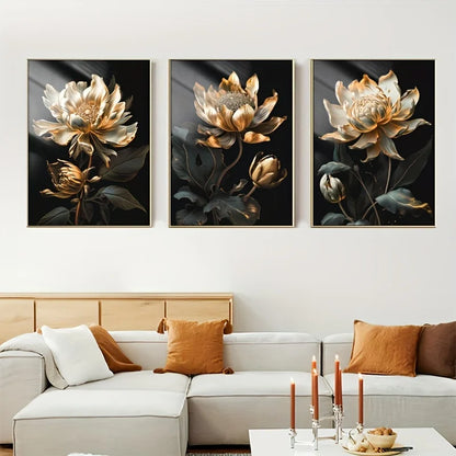 Modern Botanical Canvas Prints - Black and Gold Floral Wall Art for Home Decor
