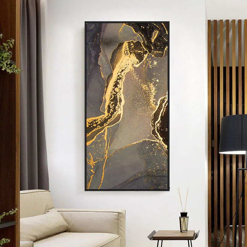 Vertical Rectangle Canvas Art with Black and Gold Marble Design for Luxurious Living Room Decor