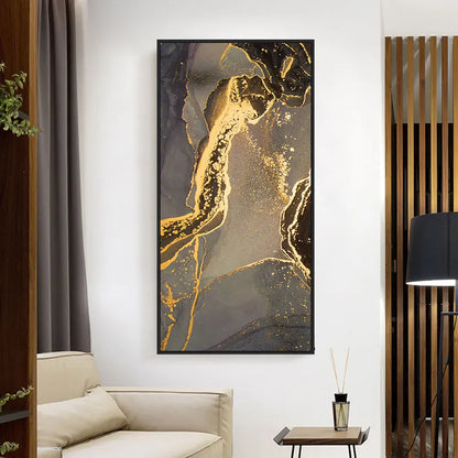Vertical Rectangle Canvas Art with Black and Gold Marble Design for Luxurious Living Room Decor