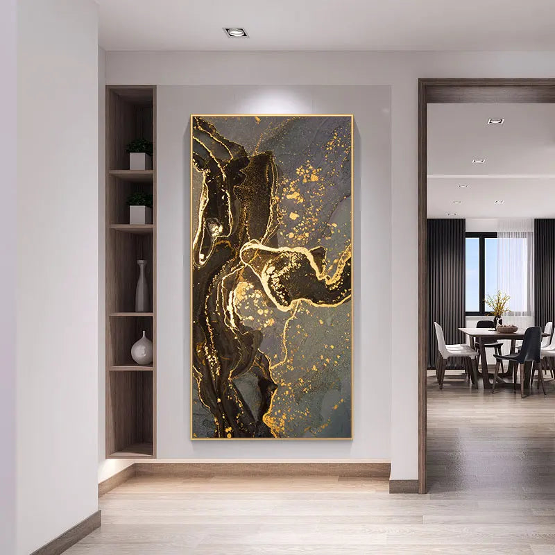 Vertical Rectangle Canvas Art with Black and Gold Marble Design for Luxurious Living Room Decor