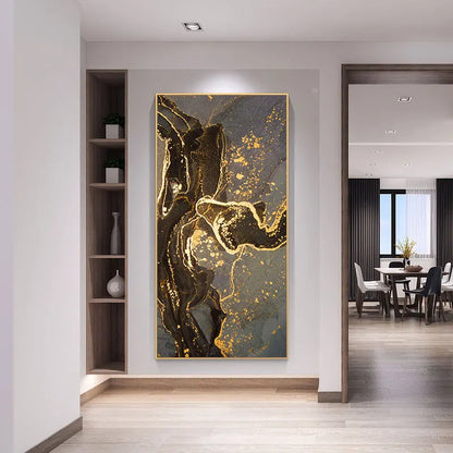 Vertical Rectangle Canvas Art with Black and Gold Marble Design for Luxurious Living Room Decor