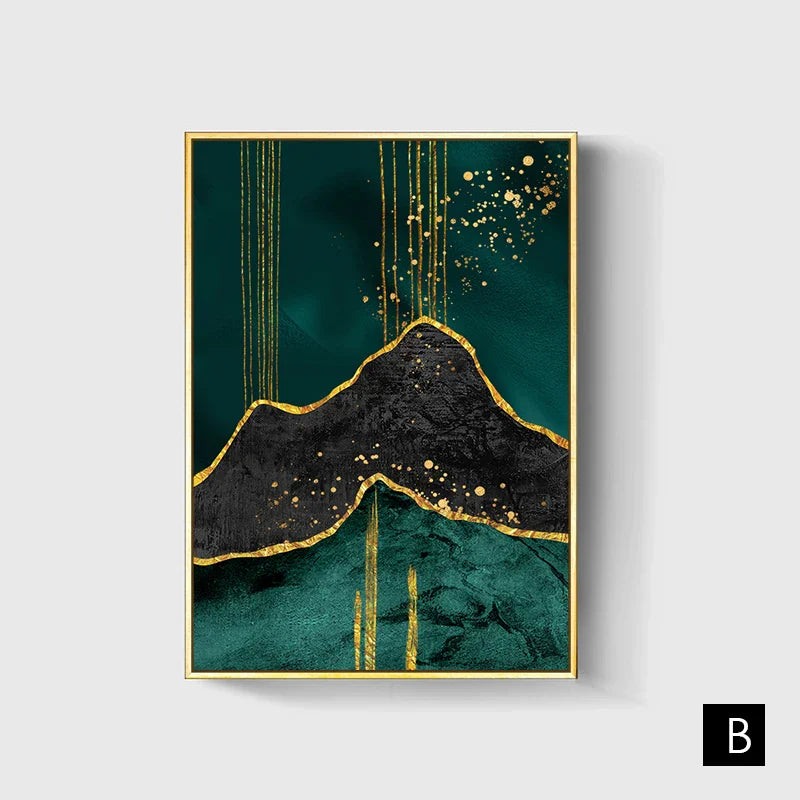 Liquid Marble Art Print in Black, Green, and Gold for Elegant Home Decor