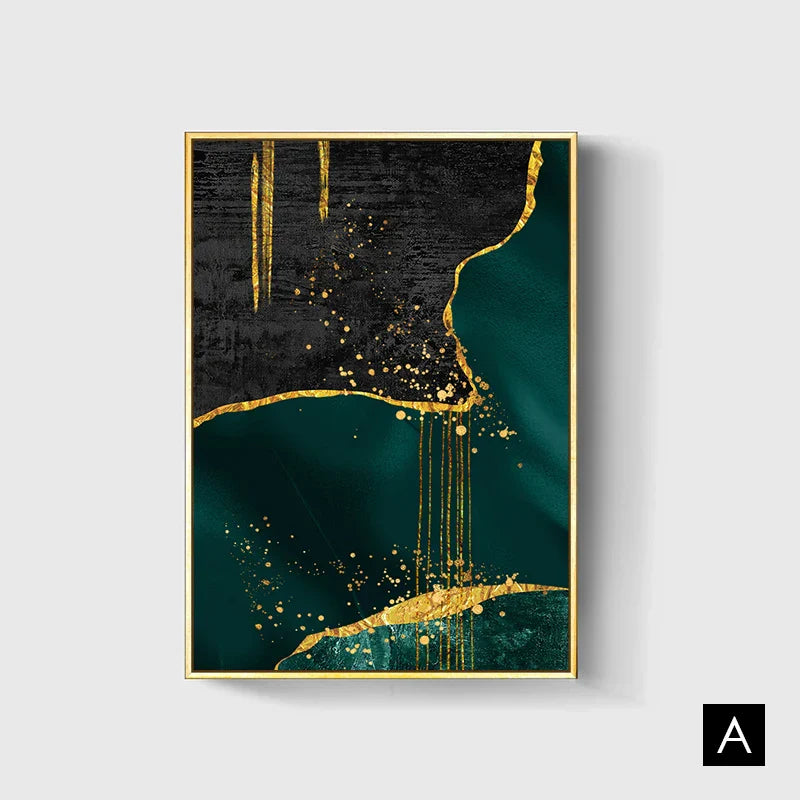 Liquid Marble Art Print in Black, Green, and Gold for Elegant Home Decor