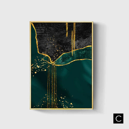 Liquid Marble Art Print in Black, Green, and Gold for Elegant Home Decor