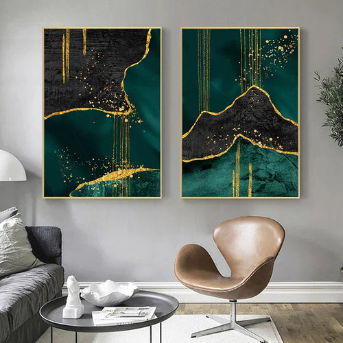 Liquid Marble Art Print in Black, Green, and Gold for Elegant Home Decor