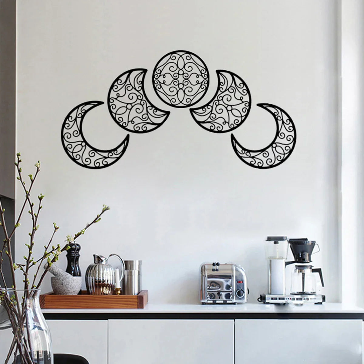 Set of 5 Black Metal Moon Phase Wall Decor – 3D Iron Craft for Home