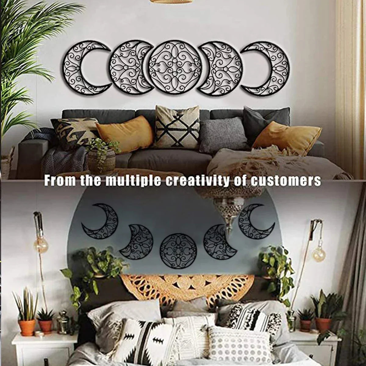 Set of 5 Black Metal Moon Phase Wall Decor – 3D Iron Craft for Home