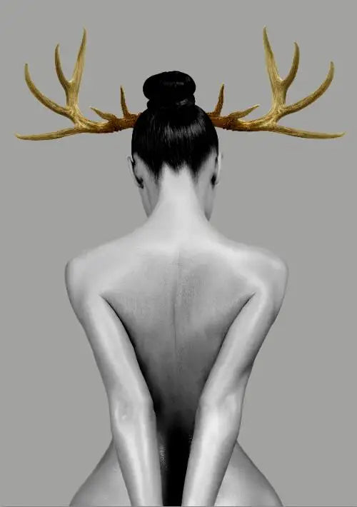 Nordic Canvas Print of Antlered Girl in Black, White, and Gold for Home Decor