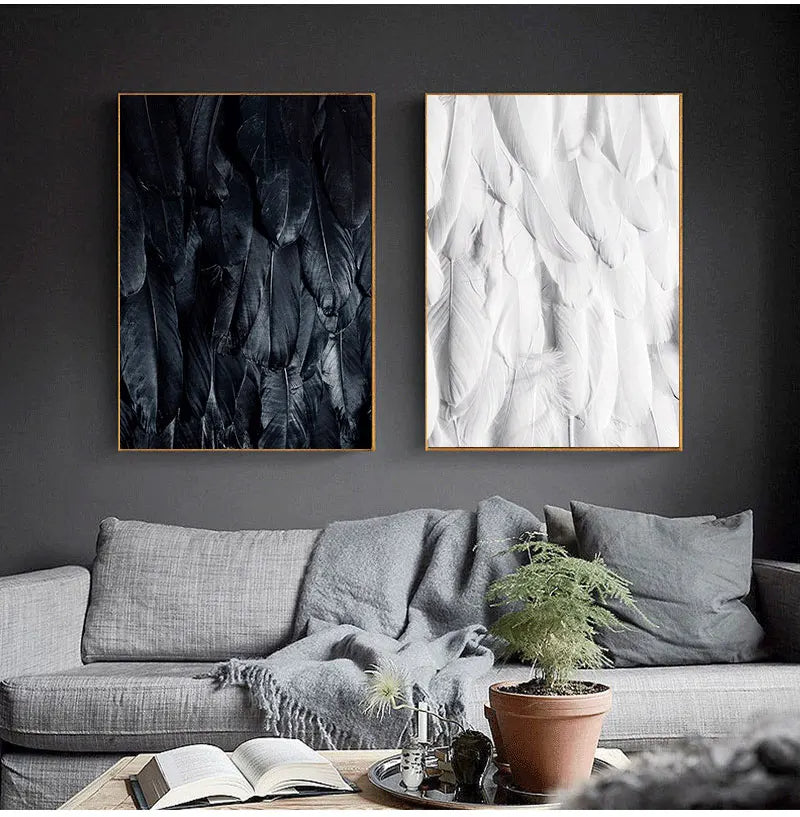 Chic Canvas Prints of Black, White, and Gold Feather Art for Home Decor