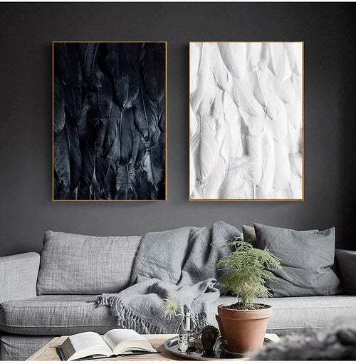 Chic Canvas Prints of Black, White, and Gold Feather Art for Home Decor