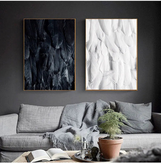 Chic Canvas Prints of Black, White, and Gold Feather Art for Home Decor