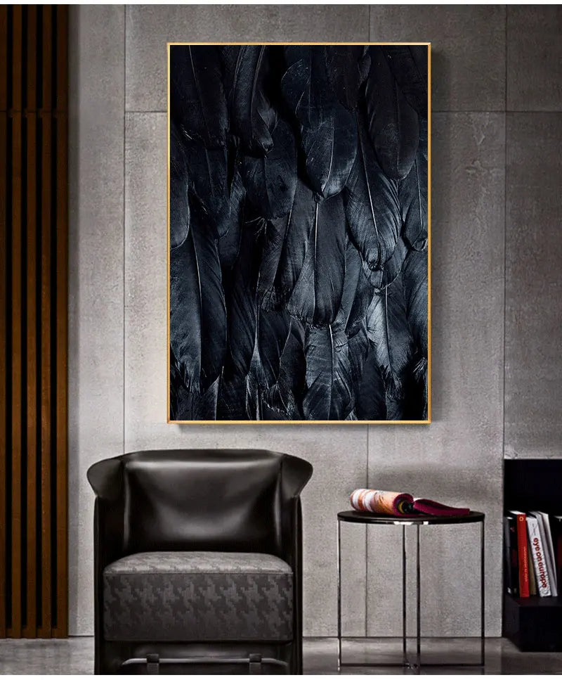 Chic Canvas Prints of Black, White, and Gold Feather Art for Home Decor