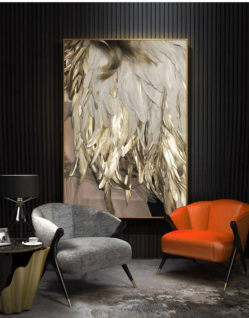Chic Canvas Prints of Black, White, and Gold Feather Art for Home Decor