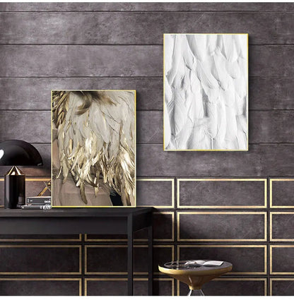 Chic Canvas Prints of Black, White, and Gold Feather Art for Home Decor
