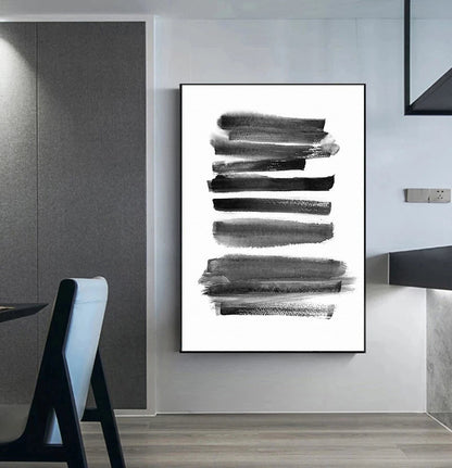 Minimalist Abstract Ink Brush Stroke Canvas Prints in Black and White for Home and Office Decor