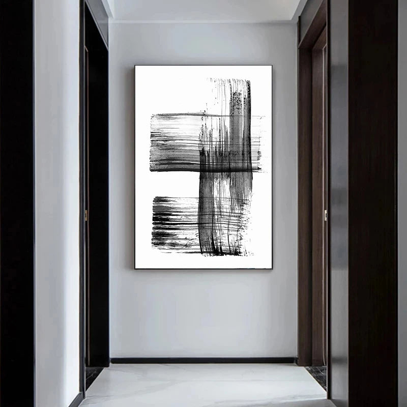 Minimalist Abstract Ink Brush Stroke Canvas Prints in Black and White for Home and Office Decor