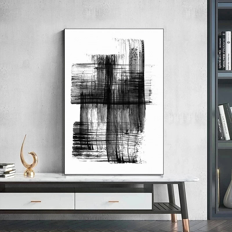 Minimalist Abstract Ink Brush Stroke Canvas Prints in Black and White for Home and Office Decor