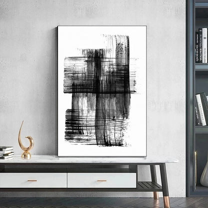 Minimalist Abstract Ink Brush Stroke Canvas Prints in Black and White for Home and Office Decor