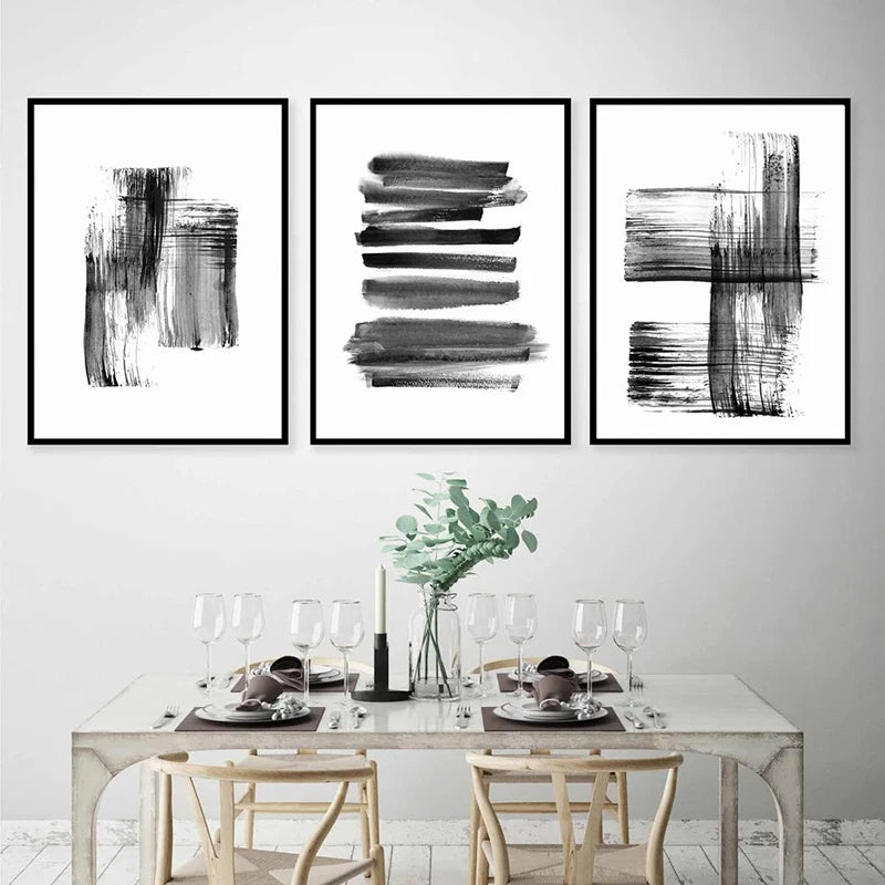 Minimalist Abstract Ink Brush Stroke Canvas Prints in Black and White for Home and Office Decor