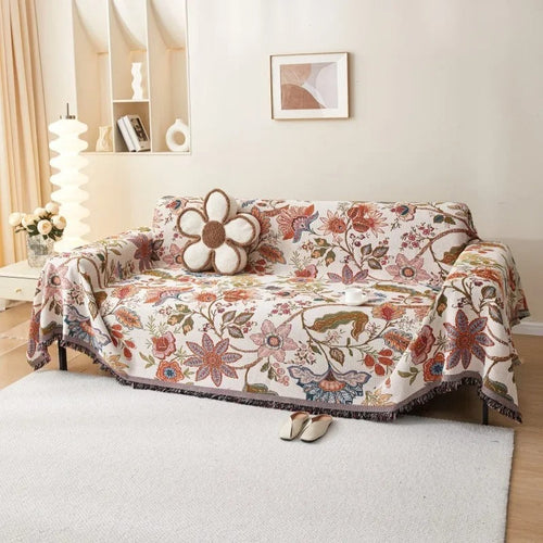 Floral Pattern Blanket with Rustic Fringe in Soft Polyester Cotton