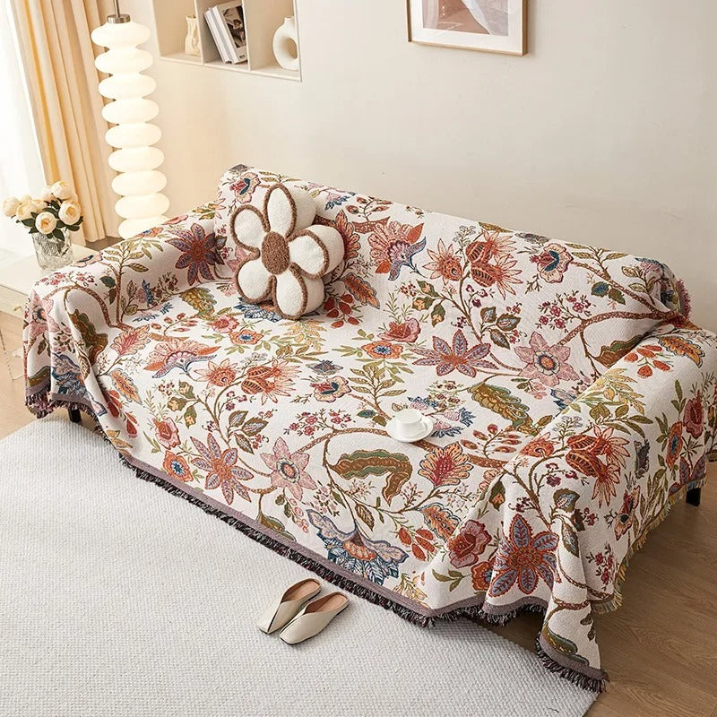 Floral Pattern Blanket with Rustic Fringe in Soft Polyester Cotton