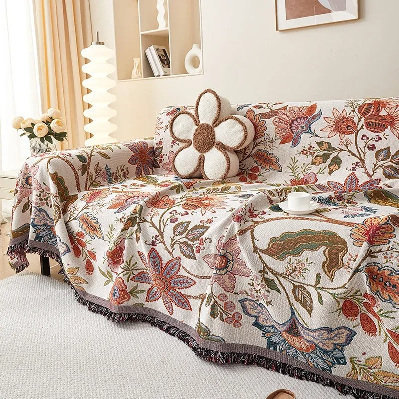 Floral Pattern Blanket with Rustic Fringe in Soft Polyester Cotton