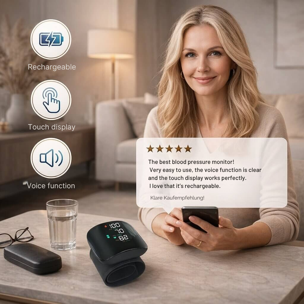 Smart Wrist Blood Pressure Tracker | Touchscreen & Voice Enabled