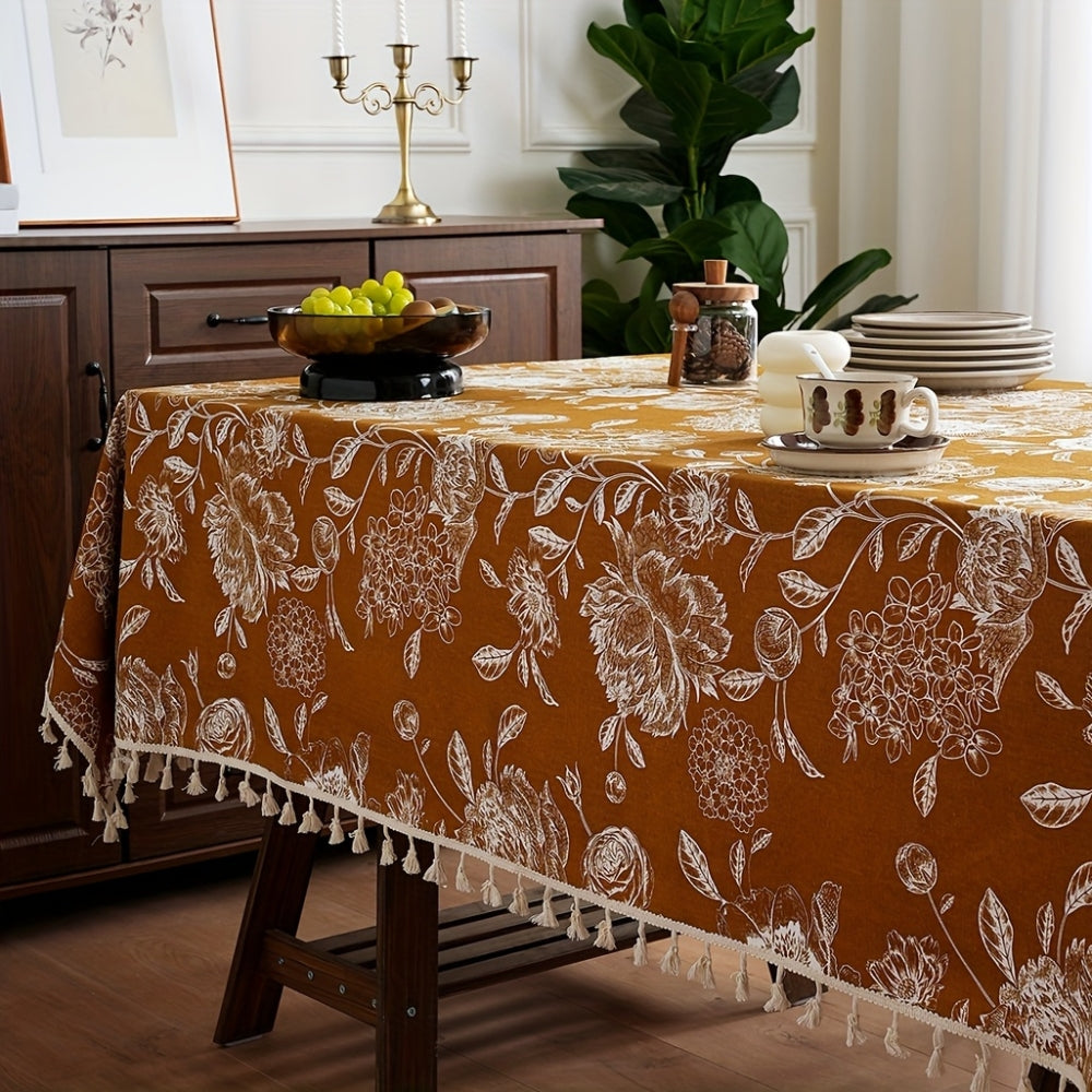 Chic Floral Table Cover with Tassel Accents