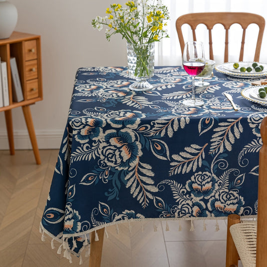 Boho Floral Tablecloth with Tassels - Peacock Blossom Design