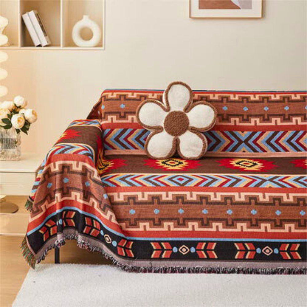 Geometric Patterned Boho Sofa Cover with Fringes