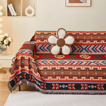 Geometric Patterned Boho Sofa Cover with Fringes