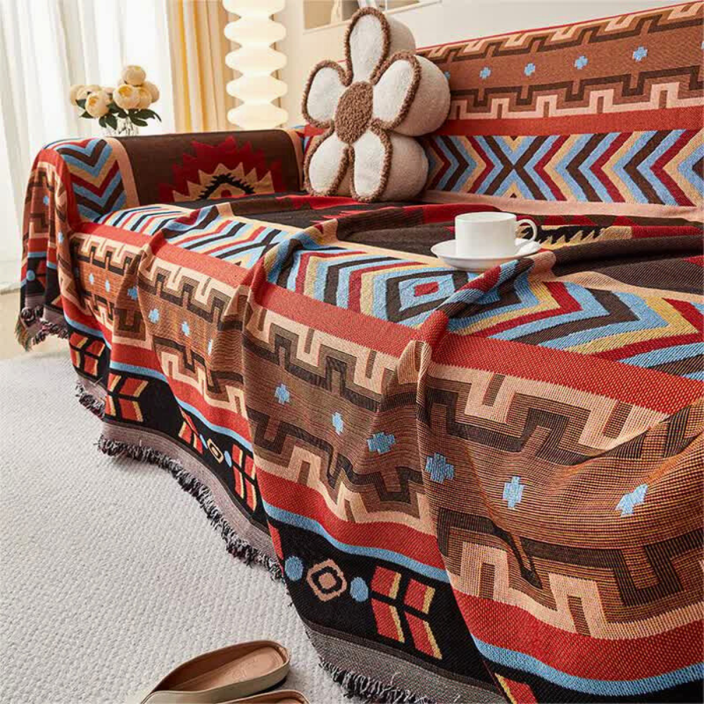 Geometric Patterned Boho Sofa Cover with Fringes