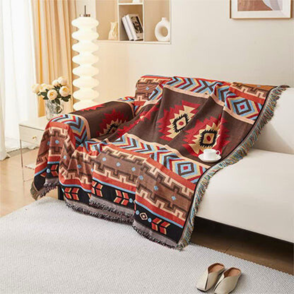 Geometric Patterned Boho Sofa Cover with Fringes