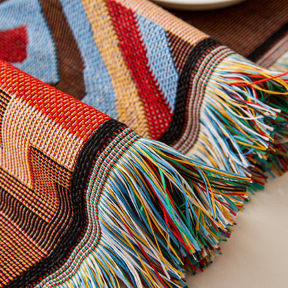 Geometric Patterned Boho Sofa Cover with Fringes